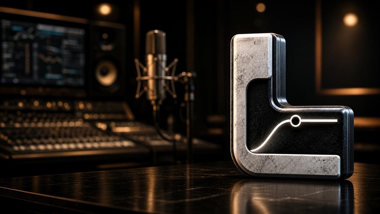 Lowcut Labs – metallic L logo from the side in the studio